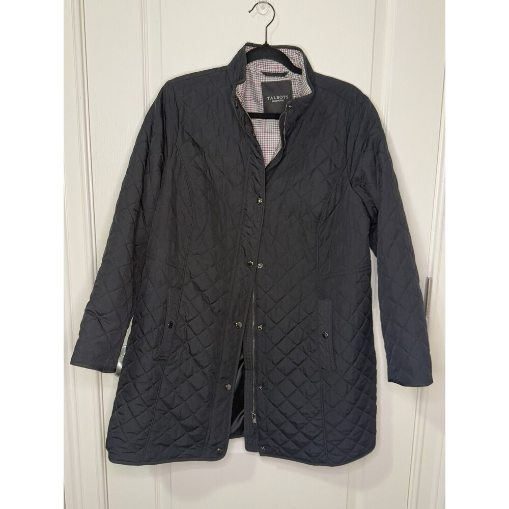 Talbots Black Long Quilted Jacket Plus Petite 1X /P  Snap & Full Zipper